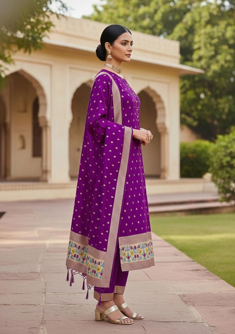 Purple Zari Work Banarasi Silk Dress Material - Indya