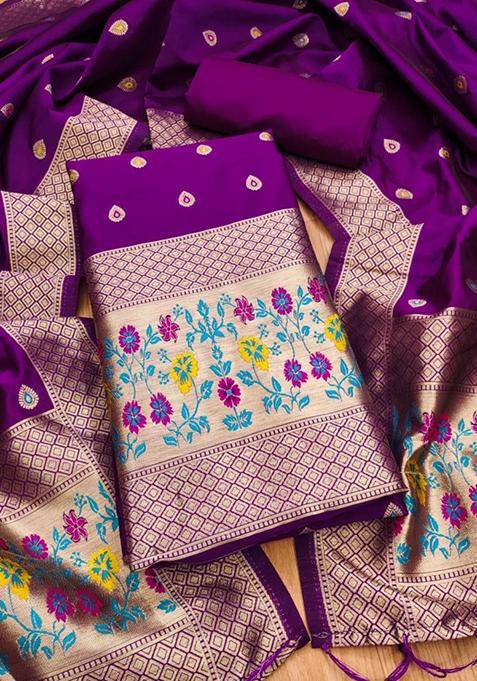 Purple Zari Work Banarasi Silk Dress Material