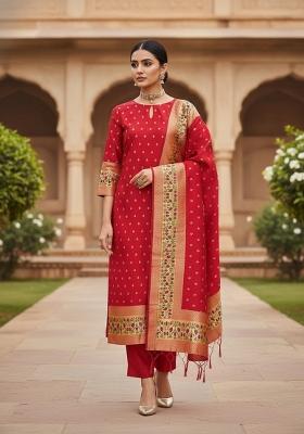 Red Zari Work Banarasi Silk Dress Material