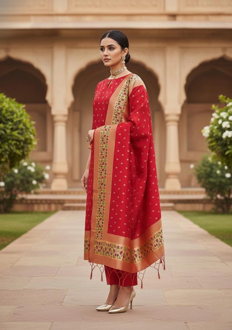 Red Zari Work Banarasi Silk Dress Material - Indya