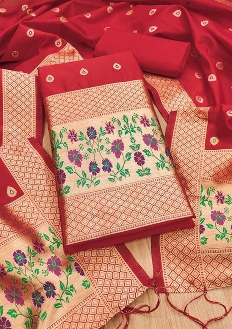 Red Zari Work Banarasi Silk Dress Material - Indya