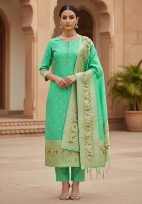 Sea Green Zari Work Banarasi Silk Dress Material