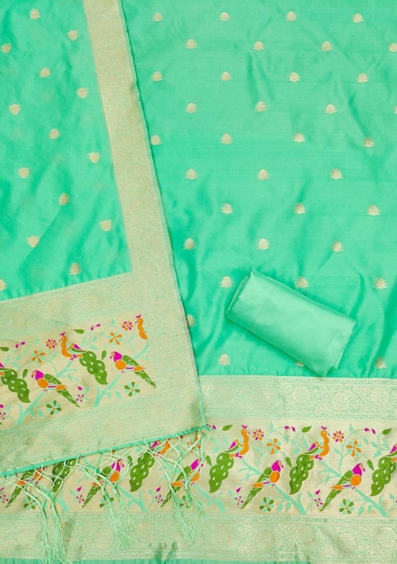Sea Green Zari Work Banarasi Silk Dress Material