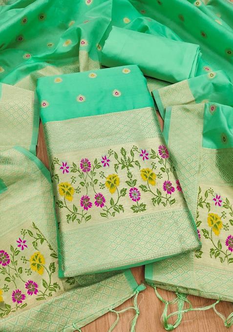 Sea Green Zari Work Banarasi Silk Dress Material