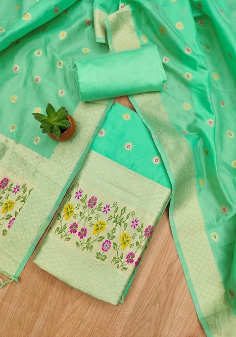 Sea Green Zari Work Banarasi Silk Dress Material