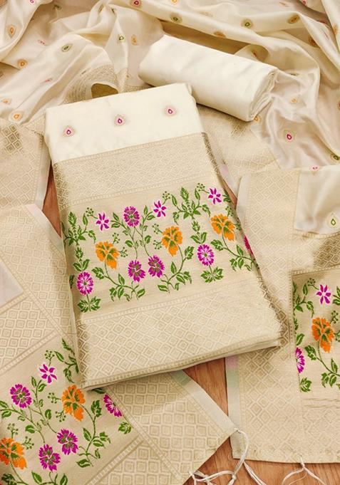 White Zari Work Banarasi Silk Dress Material