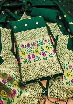 Bottle Green Zari Work Banarasi Silk Dress Material