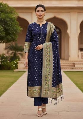 Navy Blue Zari Work Banarasi Silk Dress Material