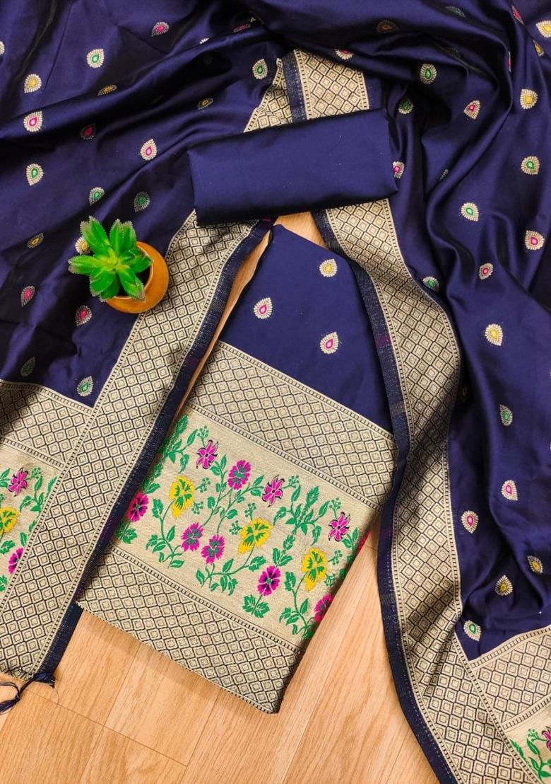 Navy Blue Zari Work Banarasi Silk Dress Material