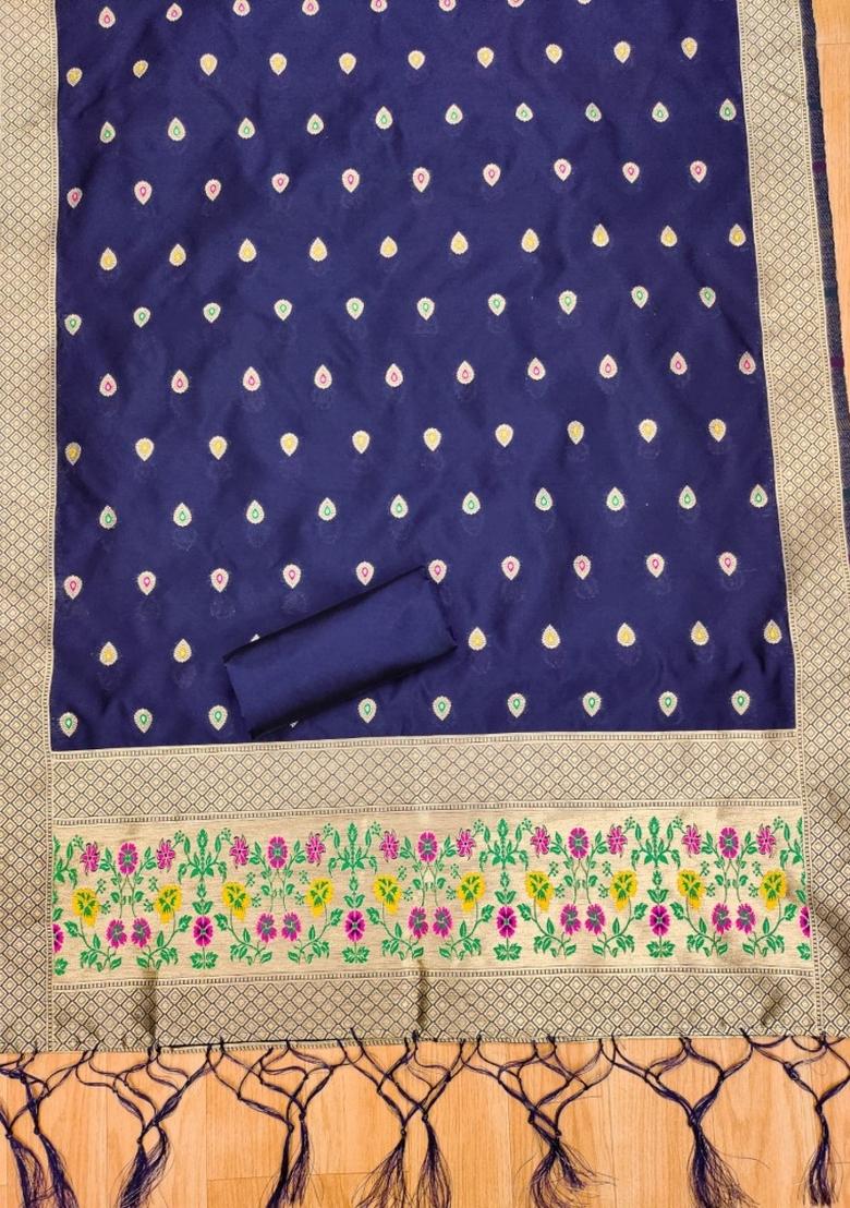 Navy Blue Zari Work Banarasi Silk Dress Material