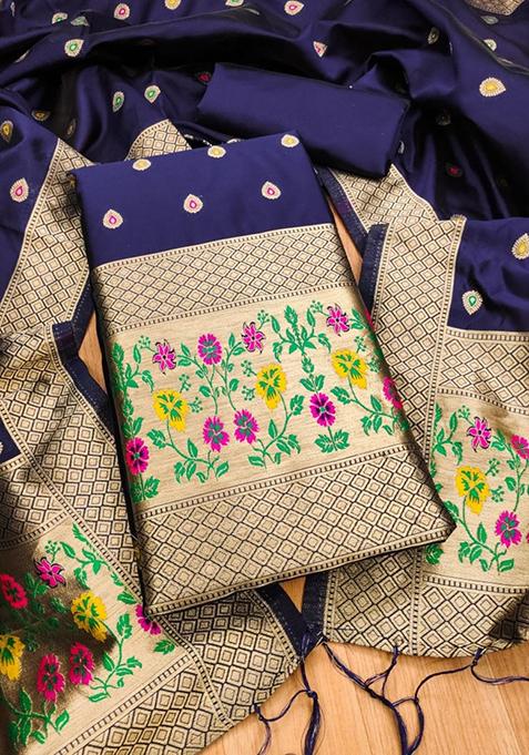 Navy Blue Zari Work Banarasi Silk Dress Material