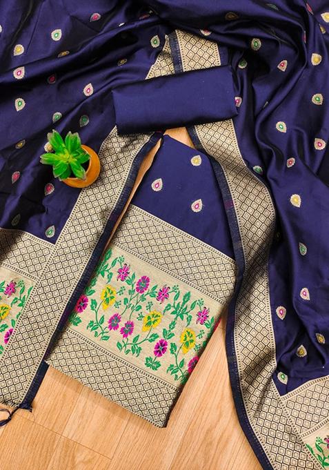 Navy Blue Zari Work Banarasi Silk Dress Material