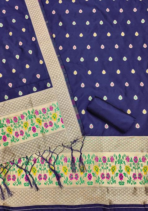 Navy Blue Zari Work Banarasi Silk Dress Material