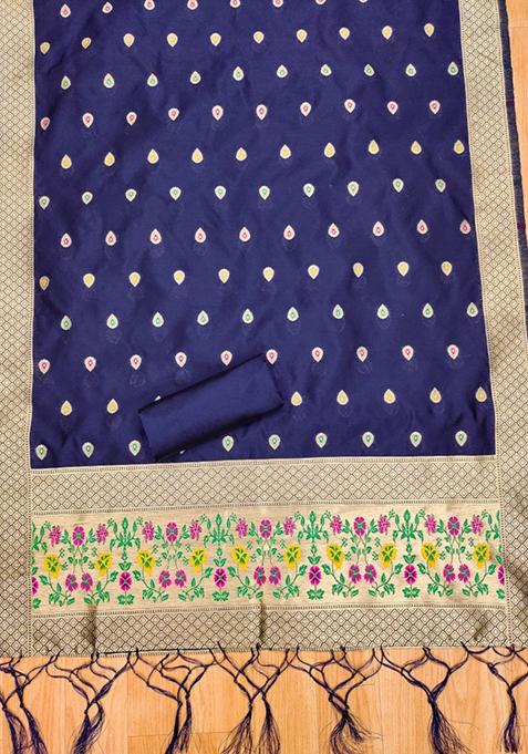 Navy Blue Zari Work Banarasi Silk Dress Material