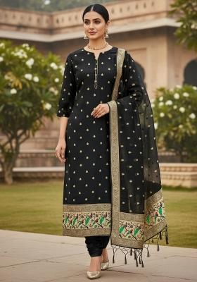 Black Zari Work Banarasi Silk Dress Material