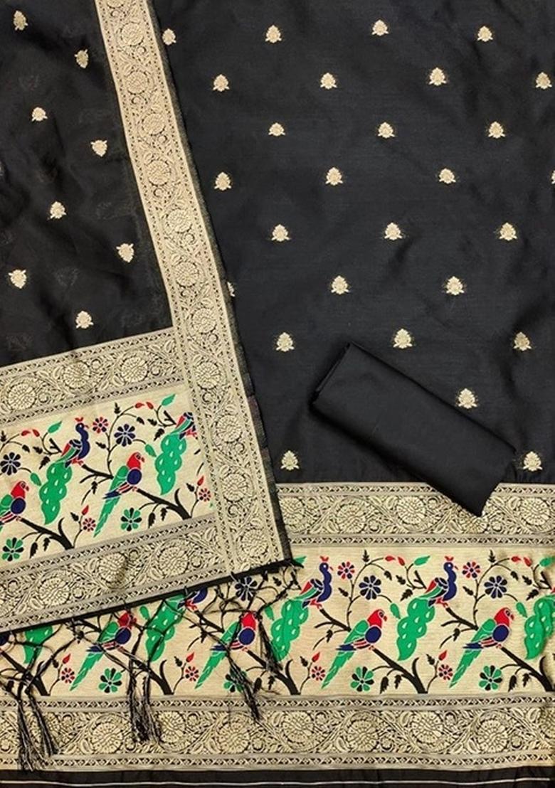 Black Zari Work Banarasi Silk Dress Material - Indya
