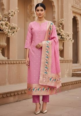 Baby Pink Zari Work Banarasi Silk Dress Material