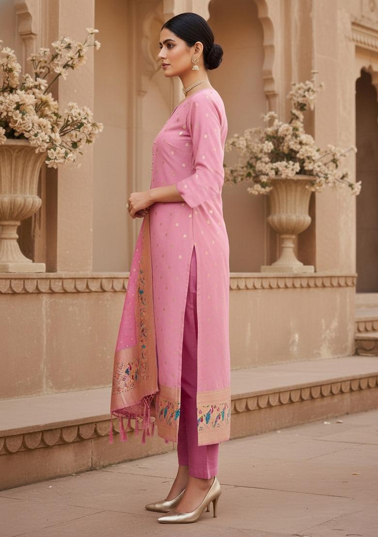 Baby Pink Zari Work Banarasi Silk Dress Material - Indya