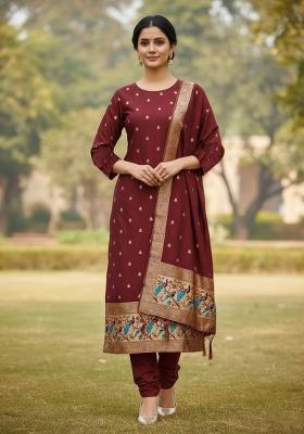 Maroon Zari Work Banarasi Silk Dress Material