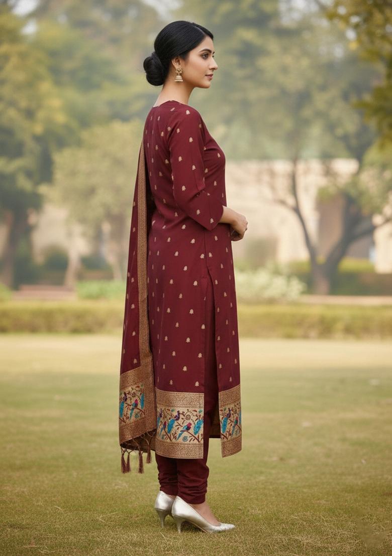 Maroon Zari Work Banarasi Silk Dress Material - Indya