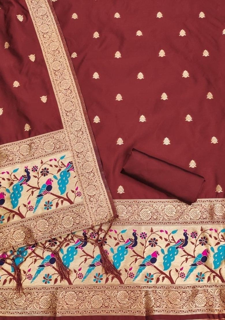 Maroon Zari Work Banarasi Silk Dress Material - Indya