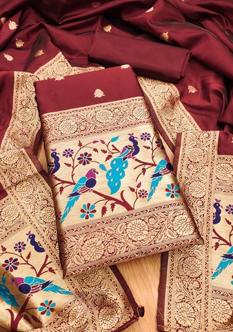 Maroon Zari Work Banarasi Silk Dress Material