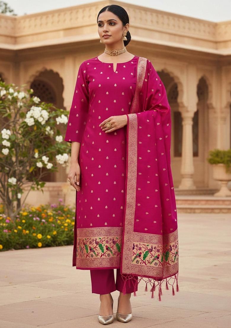 Pink Zari Work Banarasi Silk Dress Material