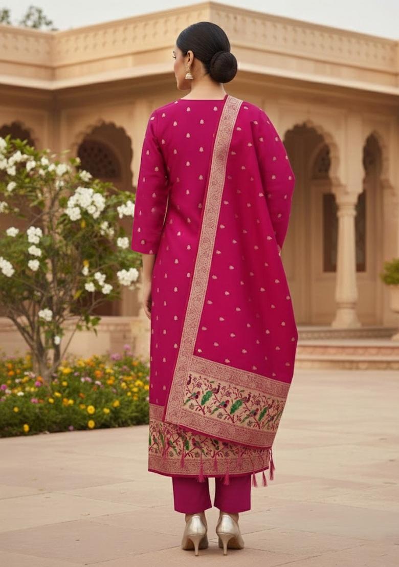 Pink Zari Work Banarasi Silk Dress Material