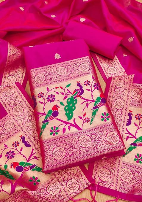 Pink Zari Work Banarasi Silk Dress Material