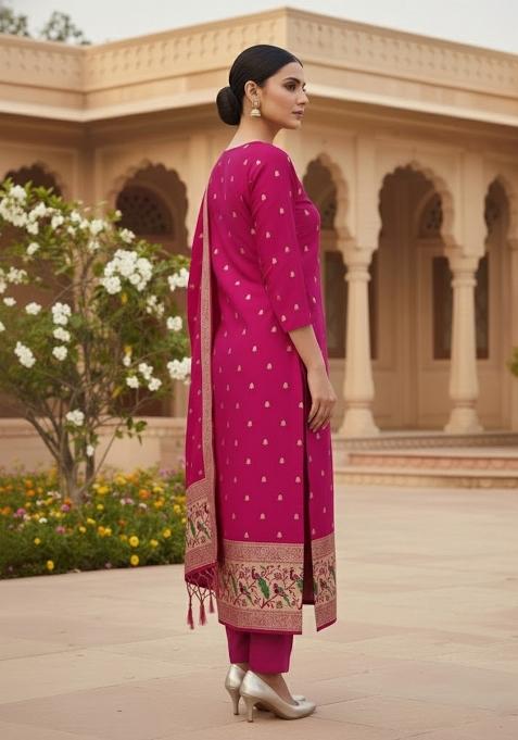 Pink Zari Work Banarasi Silk Dress Material