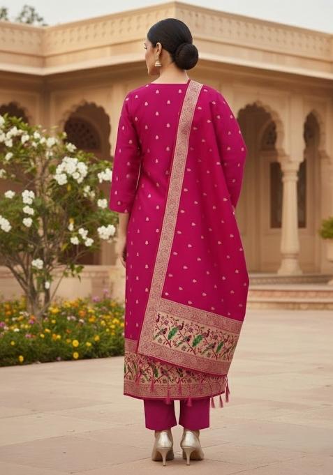 Pink Zari Work Banarasi Silk Dress Material