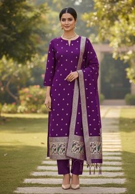 Purple Zari Work Banarasi Silk Dress Material