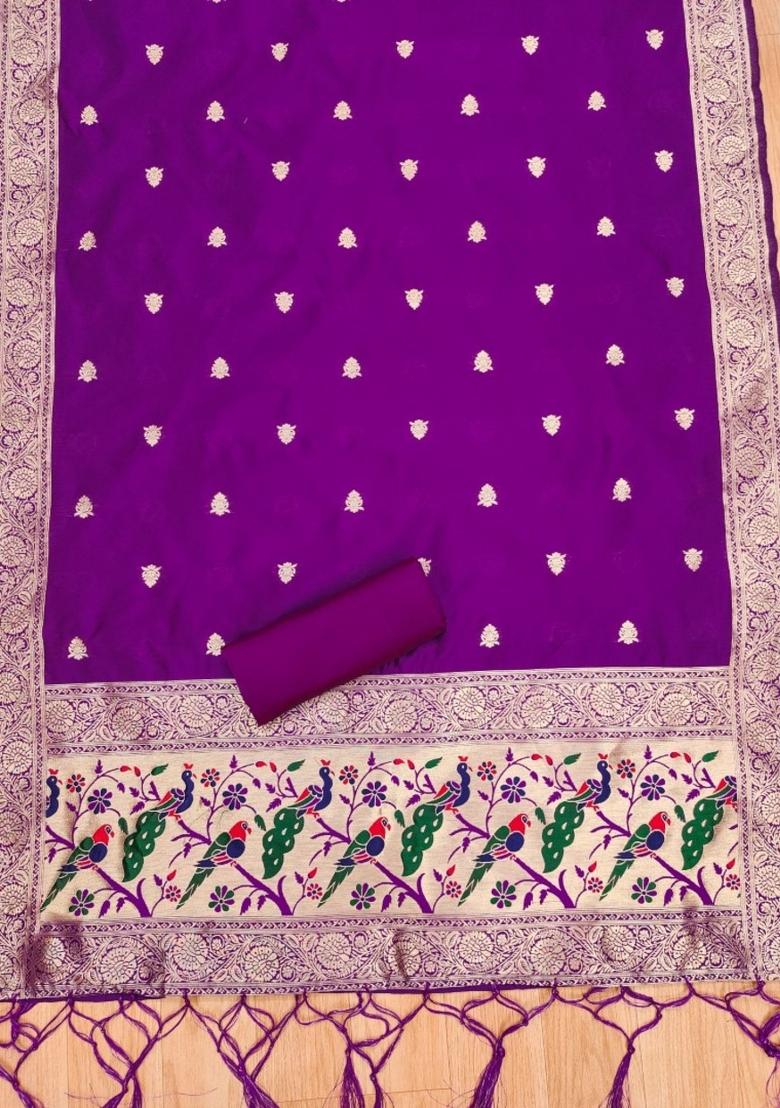 Purple Zari Work Banarasi Silk Dress Material