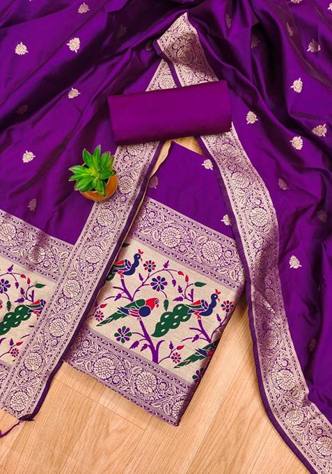 Purple Zari Work Banarasi Silk Dress Material