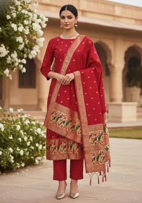 Red Zari Work Banarasi Silk Dress Material