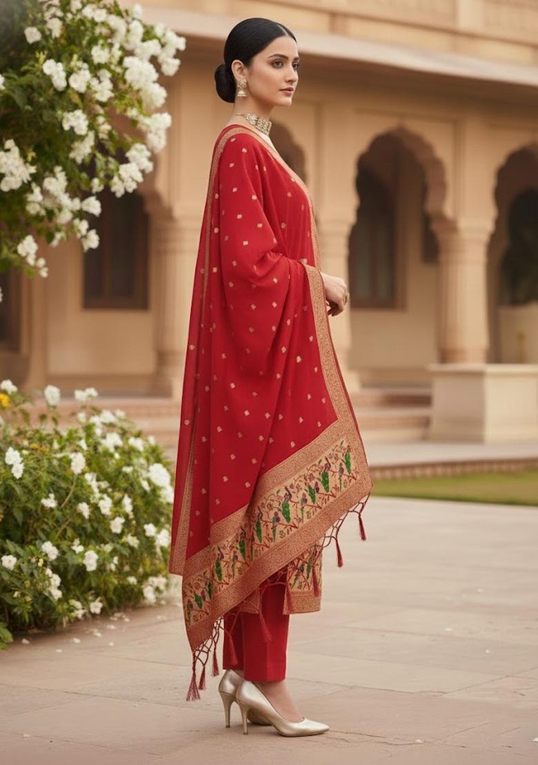 Red Zari Work Banarasi Silk Dress Material - Indya
