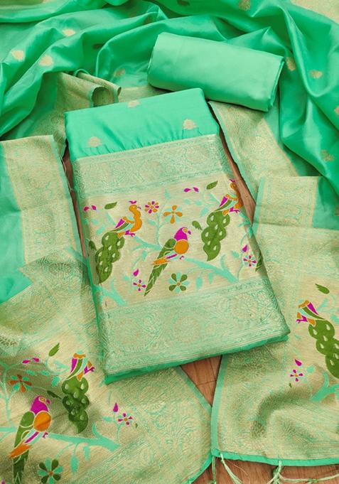 Sea Green Zari Work Banarasi Silk Dress Material