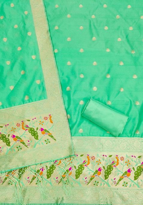 Sea Green Zari Work Banarasi Silk Dress Material