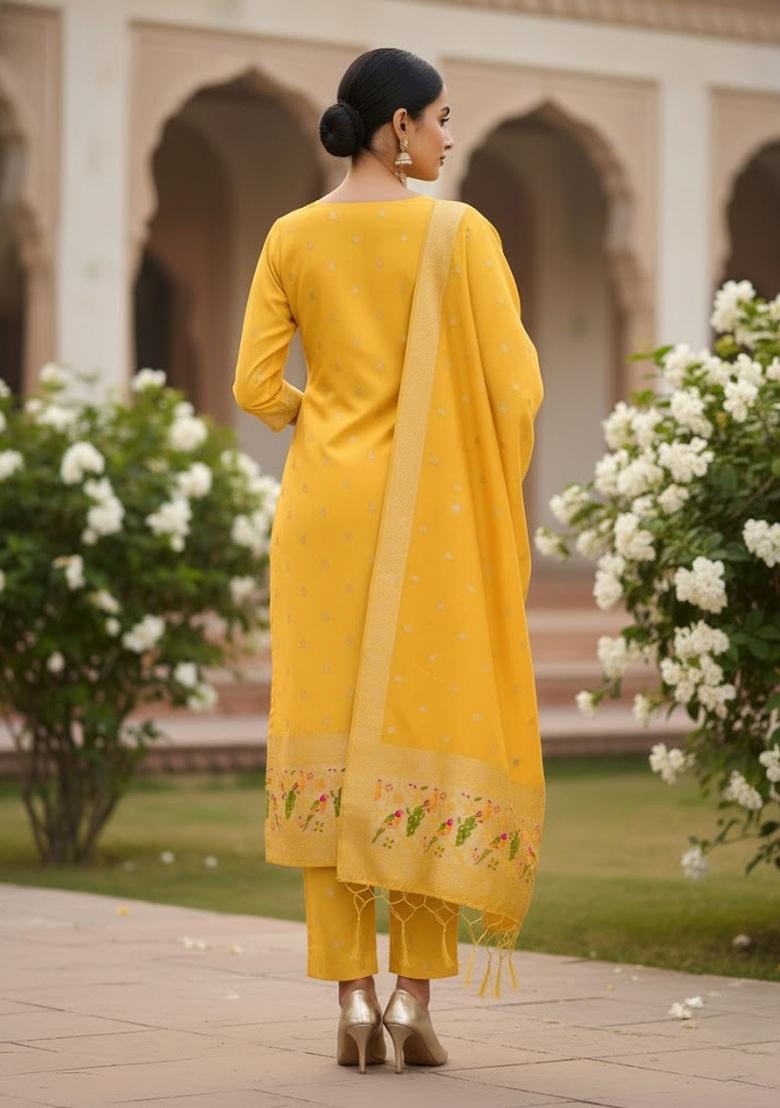 Yellow Zari Work Banarasi Silk Dress Material - Indya