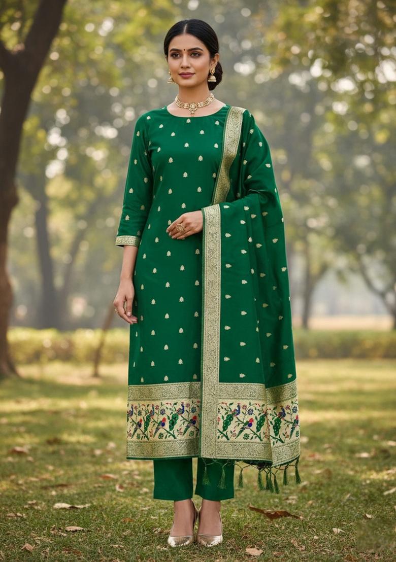 Bottle Green Zari Work Banarasi Silk Dress Material