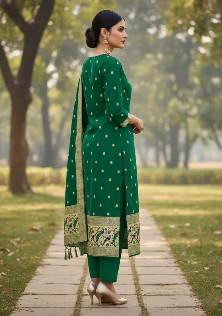Bottle Green Zari Work Banarasi Silk Dress Material - Indya