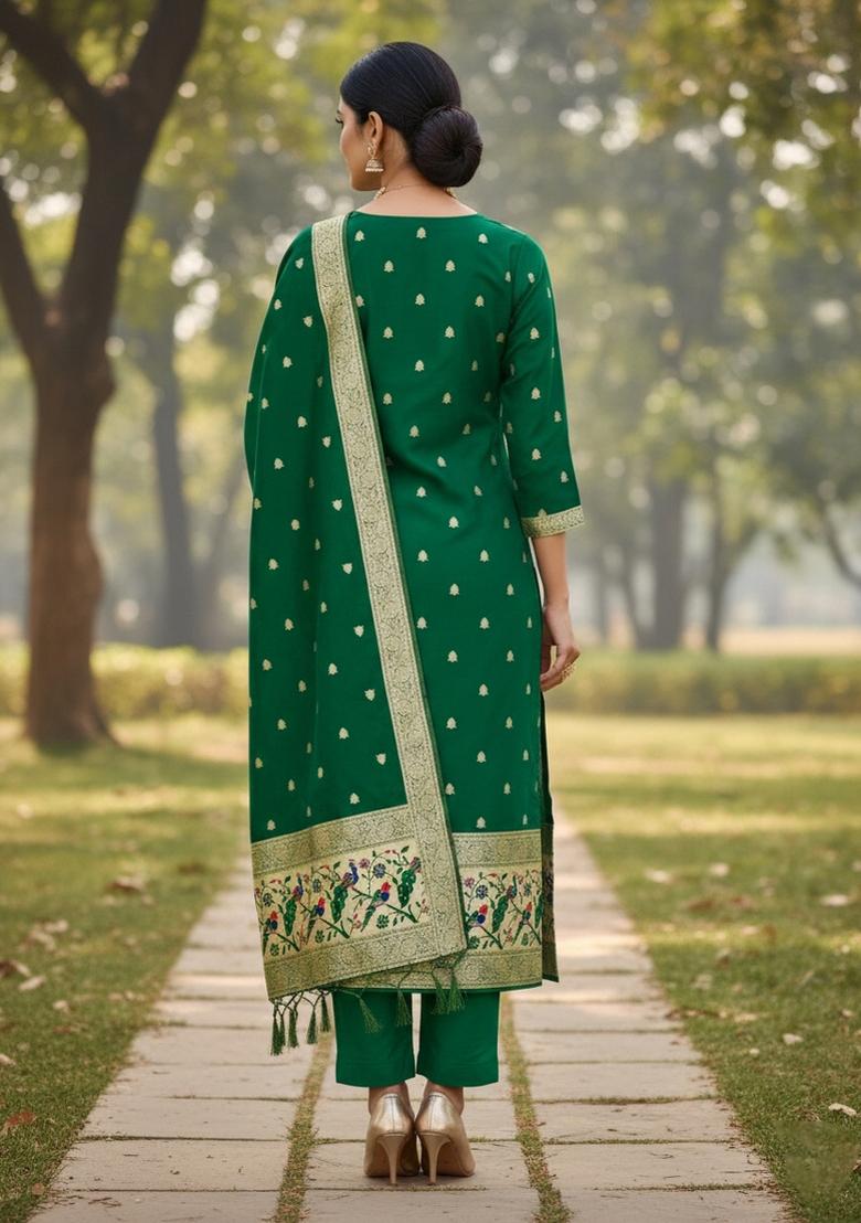 Bottle Green Zari Work Banarasi Silk Dress Material
