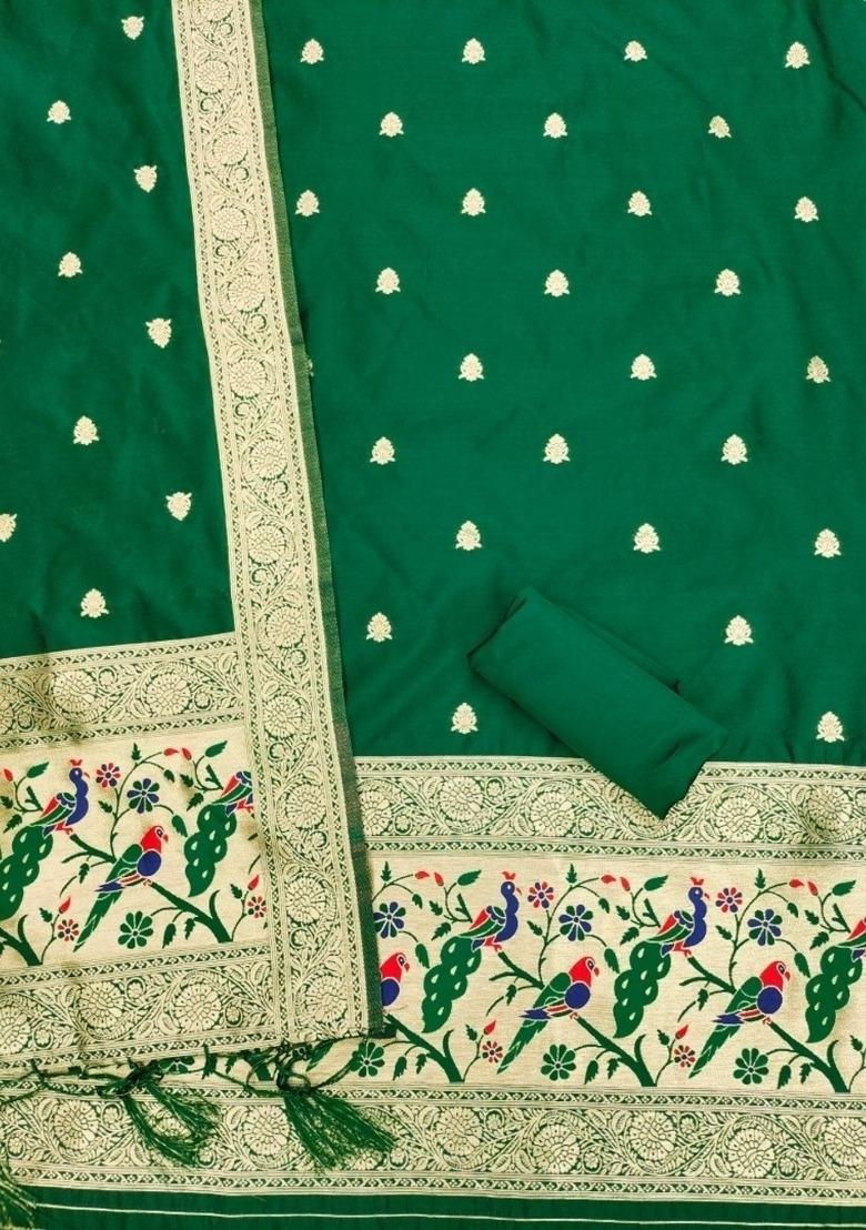 Bottle Green Zari Work Banarasi Silk Dress Material - Indya