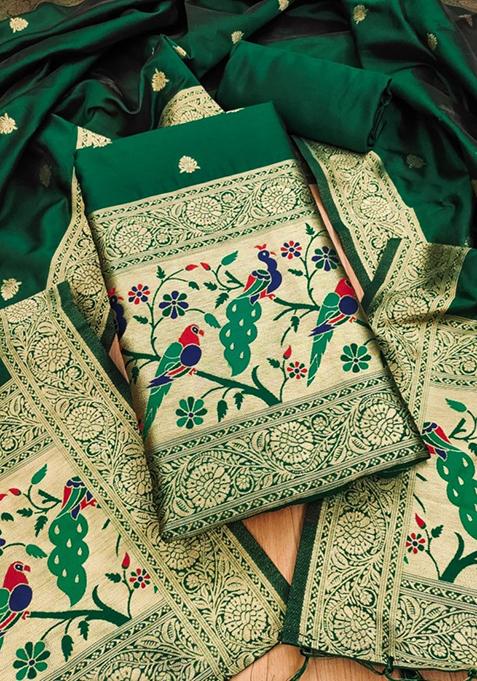 Bottle Green Zari Work Banarasi Silk Dress Material