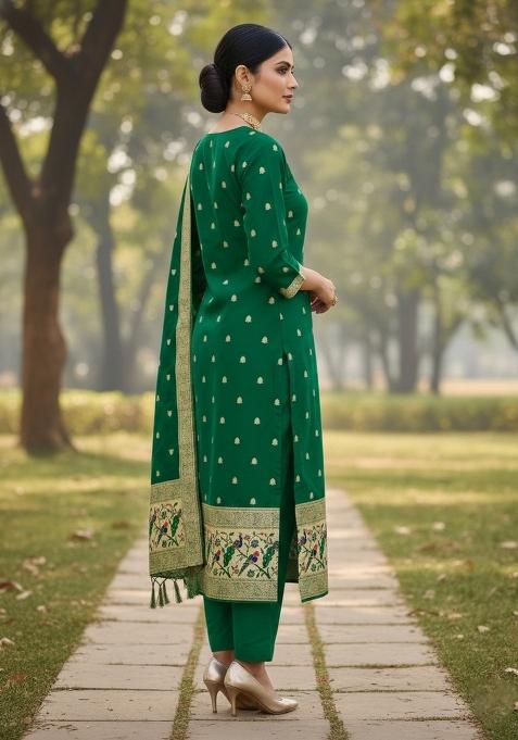 Bottle Green Zari Work Banarasi Silk Dress Material