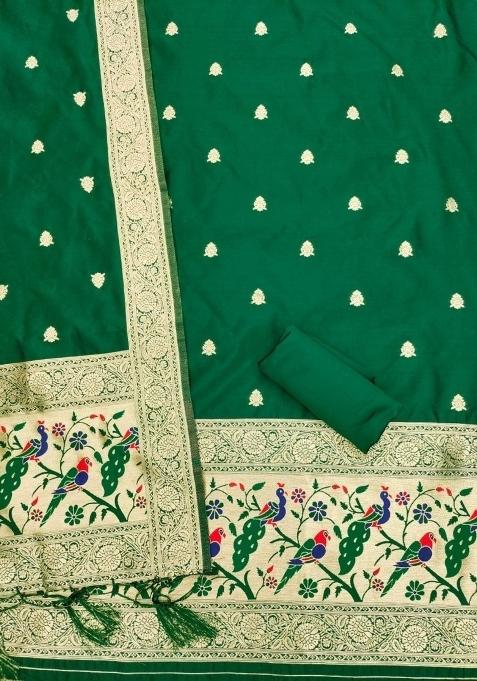 Bottle Green Zari Work Banarasi Silk Dress Material
