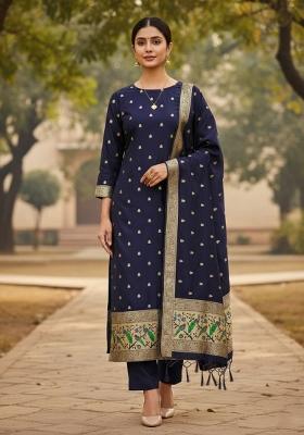 Navy Blue Zari Work Banarasi Silk Dress Material