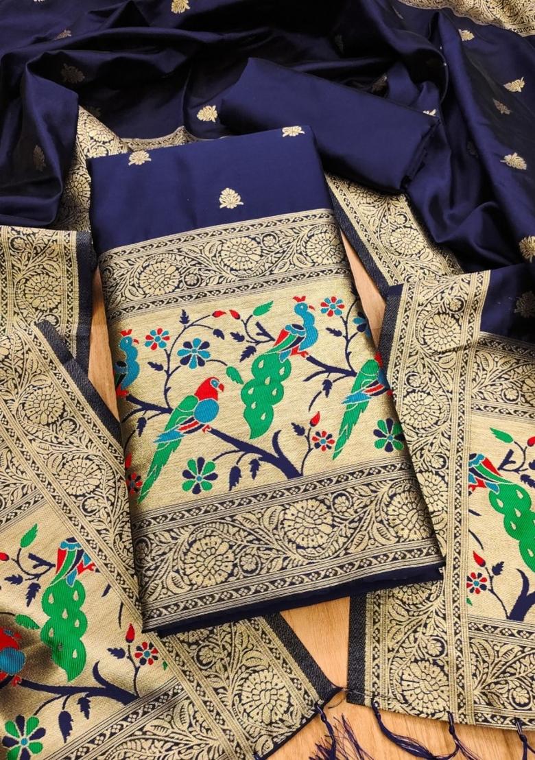 Navy Blue Zari Work Banarasi Silk Dress Material