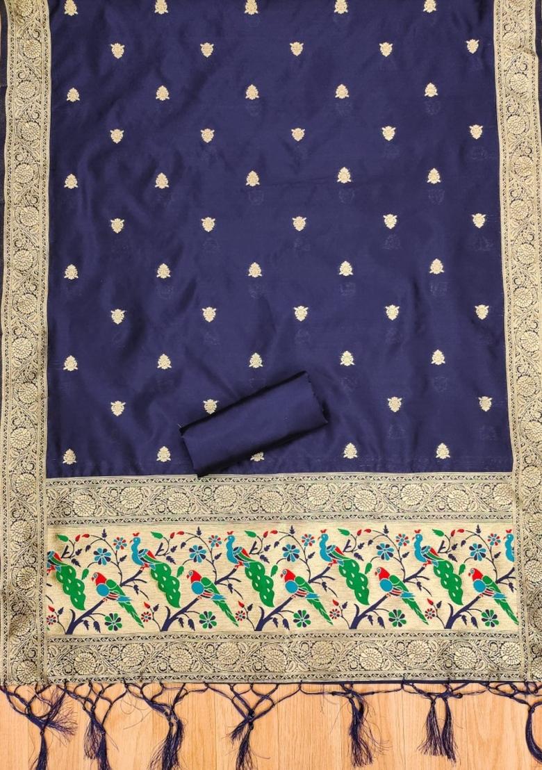 Navy Blue Zari Work Banarasi Silk Dress Material