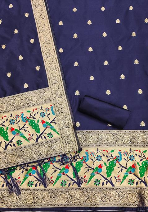 Navy Blue Zari Work Banarasi Silk Dress Material